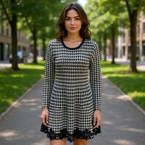 Elegant Black and White Houndstooth Dress